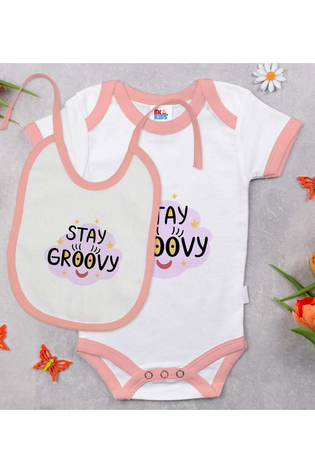 BK Kids "Stay Groovy" Design Pink Baby Bodysuit and Bib Gift Set-1, 0–3 Months