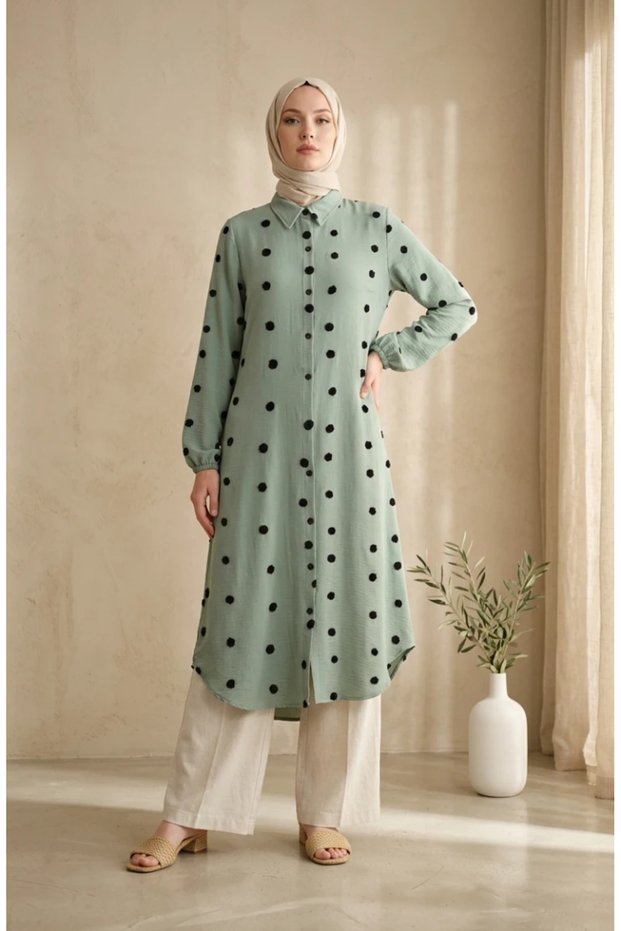Tunic with Shirt Collar and Pom-Pom Detail 0352-02, Çağla Green.