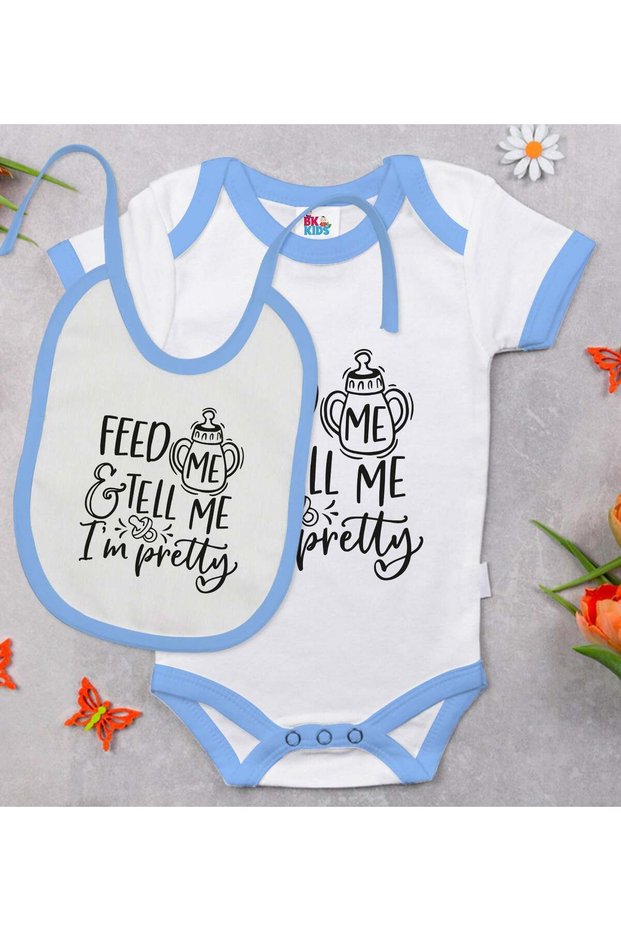 BK Kids "I'm Pretty" Design Blue Baby Bodysuit and Bib Gift Set-1, 0-3 Months