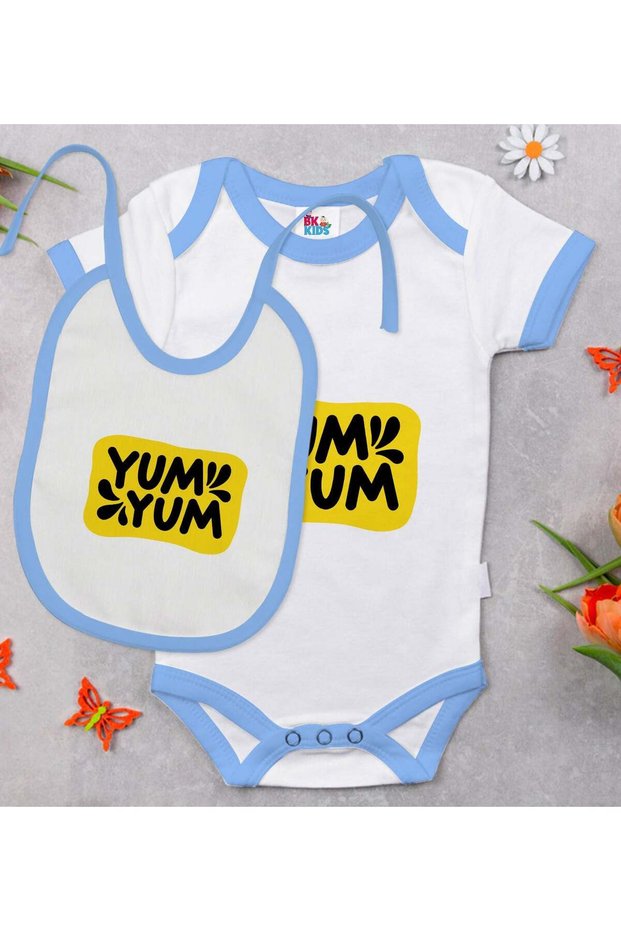 Bk Kids Yum Yum Designed Blue Baby Bodysuit and Bib Gift Set - 1, for Ages 12-18 Months.