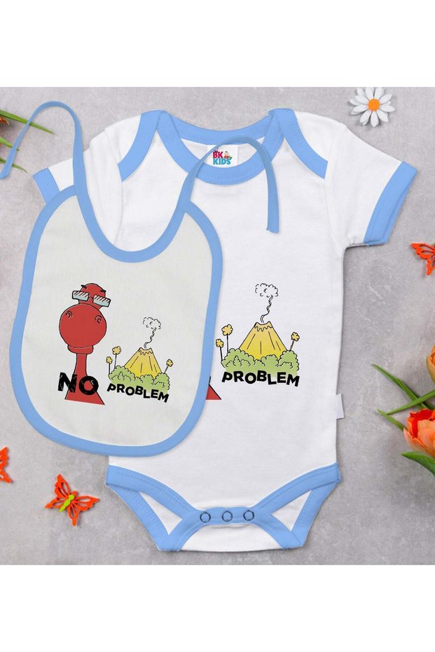 BK Kids "No Problem" Design Blue Baby Bodysuit and Bib Gift Set-1, 12–18 months