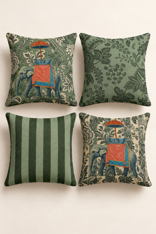 Set of 4 Safari Garden Green Tropical Elephant and Leaf Pillow Covers, Double-Sided Print, 43X43 Cm.