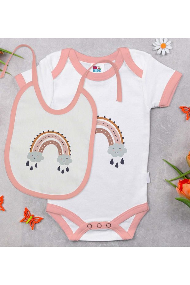 BK Kids Boho-Style Pink Baby Bodysuit and Bib Gift Set-1, 12–18 months