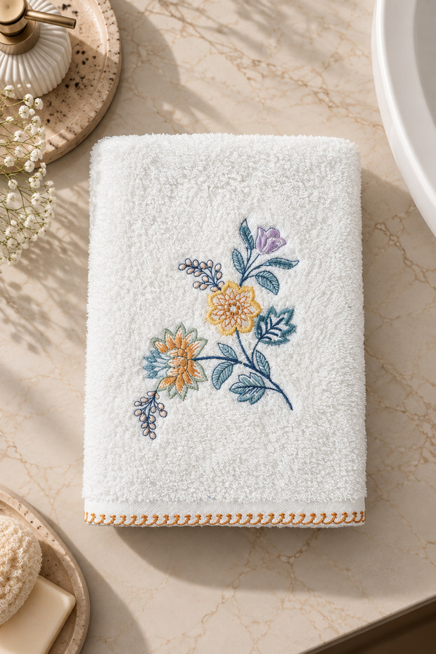 100% Cotton, Colorful Floral Bouquet Embroidered Face Towel, 50X90 Cm, Soft Texture, White.