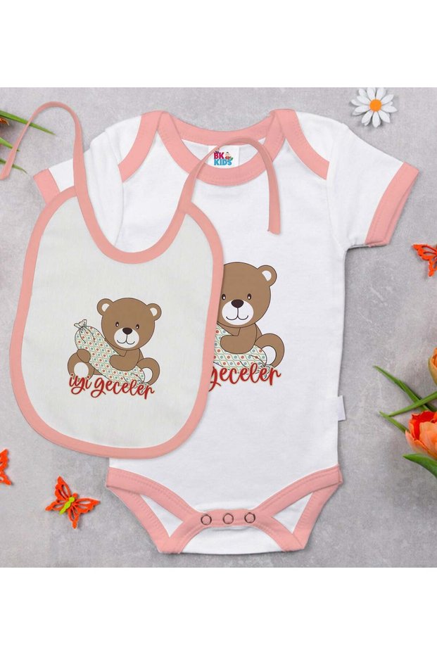 BK Kids Cute Teddy Bear Print Pink Baby Bodysuit and Bib Gift Set-1, 12–18 months
