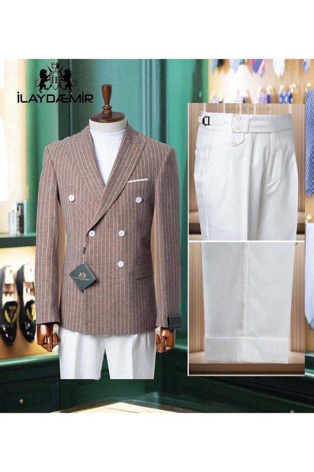 Luxury, Double-Breasted, Striped, Slim Fit, Men's Brown Suit, White Pants