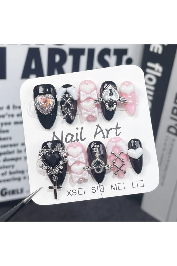 M 10 Pieces Y2k Spice Girl Handmade Press On Nails Black Pink Sweet Cool Nail Art Bow Love Diamond A