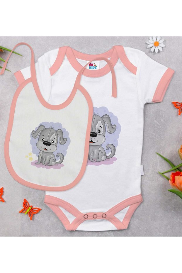 BK Kids Cute Dog-Printed Pink Baby Bodysuit and Bib Gift Set—2, 12–18 months