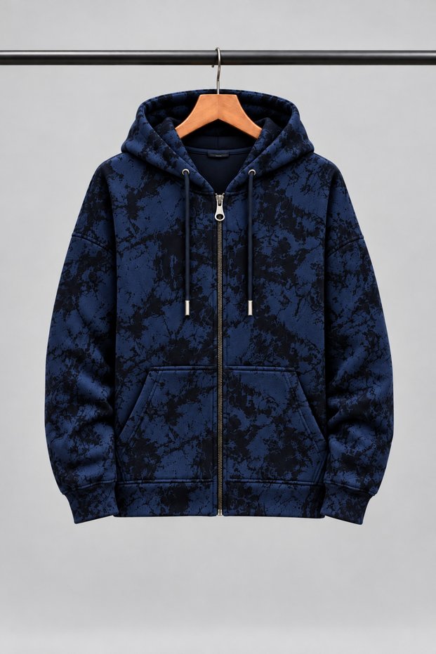 Batik Patterned Seasonal Hooded Cardigan with Pockets and Zipper