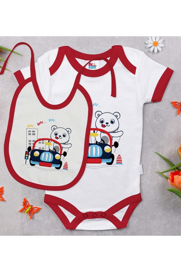 Bk Kids Cute Driver-Themed Red Baby Bodysuit and Bib Gift Set - 1, for Ages 0-3 Months.