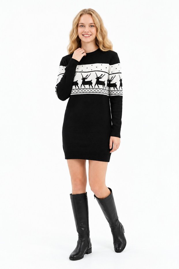 Women's Deer Pattern Crew Neck Long Sleeve Thick Winter Casual Knit Tunic Sweater