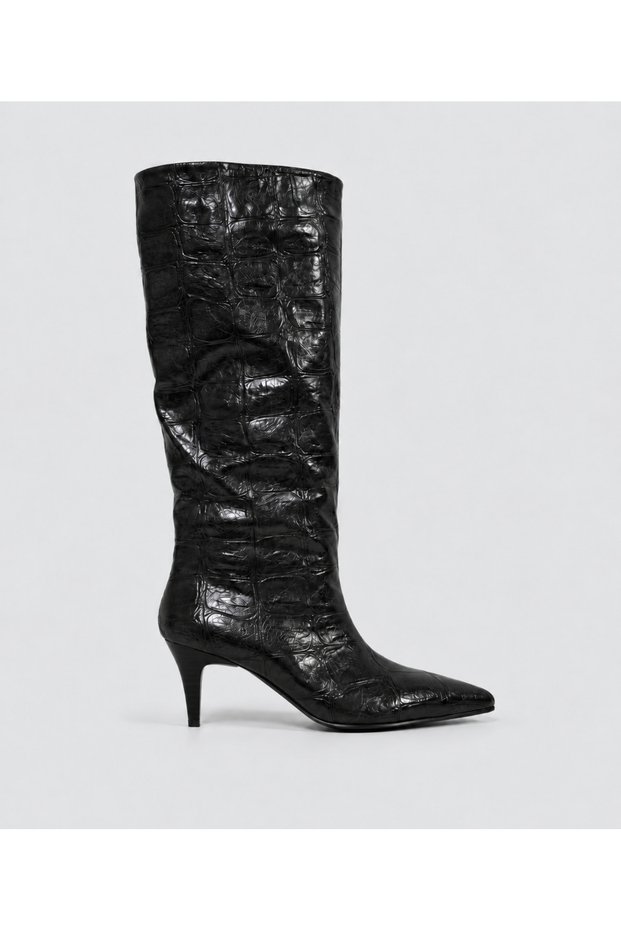 Olina Women's Crocodile-Patterned Pointed-Toe Stiletto Heel Knee-High Boots.
