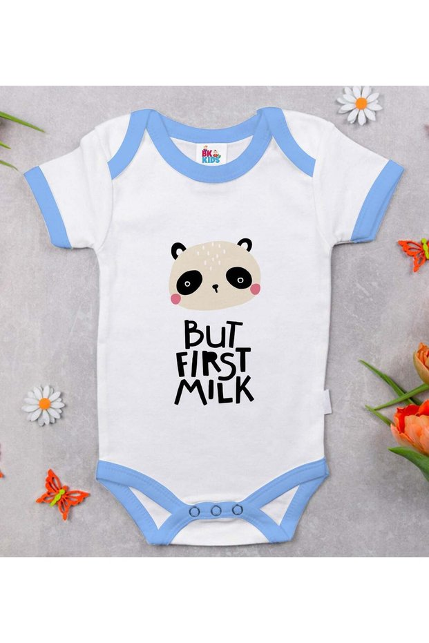 BK Kids "But First Milk" Design Blue Baby Bodysuit-1, 12–18 months