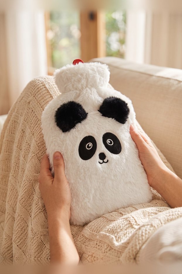 Hot Water Bottle, 2 L, with Plush Cover, Panda-Shaped, Embroidered, Large-Size Hot Water Bottle