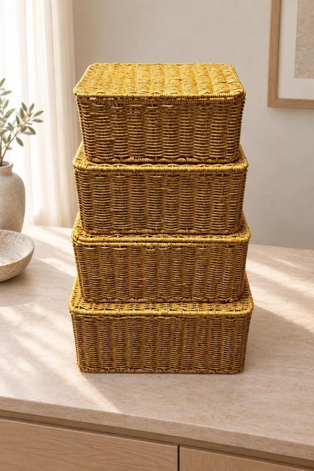 Set of 4 Rattan Storage Baskets with Lids, Closet Organizer, Multi-Purpose Wicker Bathroom Organizer.