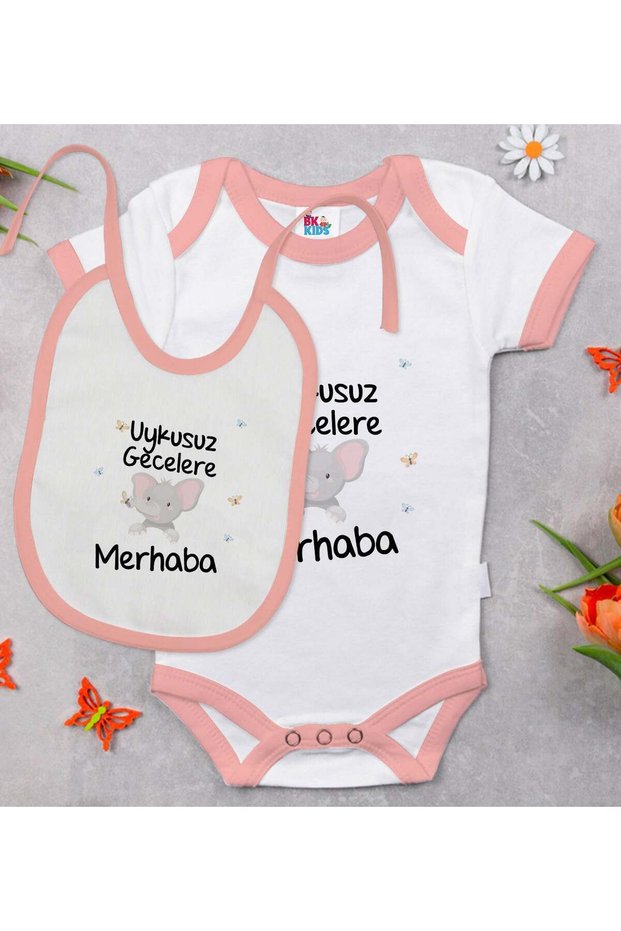 Bk Kids Hello Sleepless Nights Designed Pink Baby Bodysuit and Bib Gift Set - 1 12-18