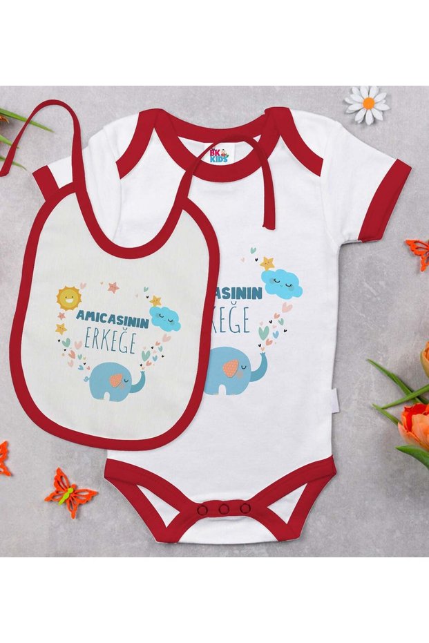 Bk Kids Amıcası – Red Baby Bodysuit and Bib Gift Set – Designed for Boys – 1 – 0-3 Months.