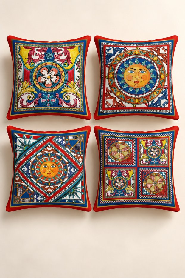 Set of 4 Casa Mosaic Colorful Sun and Tile Pattern Pillow Covers, Double-Sided Print, 43X43 Cm.