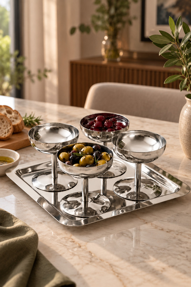 Set of 4 Stainless Steel Bowls with Square Trays, Ideal for Serving Breakfast and Snacks.