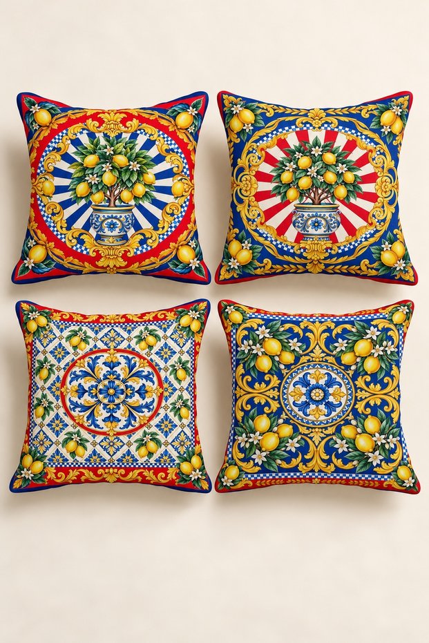Set of 4 Blue Mosaic Blue and Yellow Tile and Lemon Throw Pillow Covers, Double-Sided Print, 43X43 Cm.