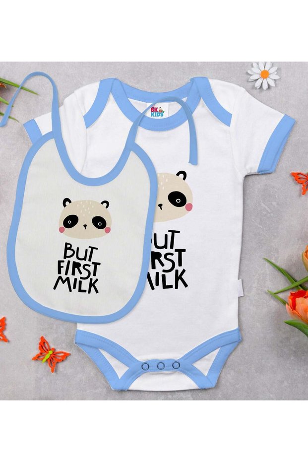 BK Kids "But First Milk" Design Blue Baby Bodysuit and Bib Gift Set-1, 12–18 months