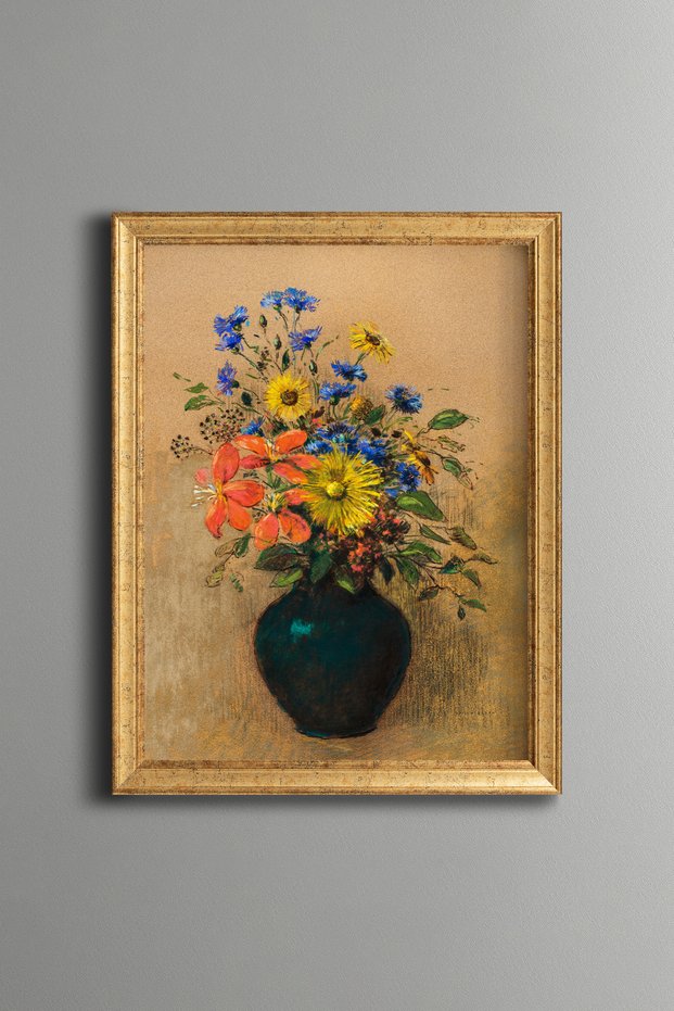 Flowers in a Black Vase - Vintage Patterned Painting - Slim Frame