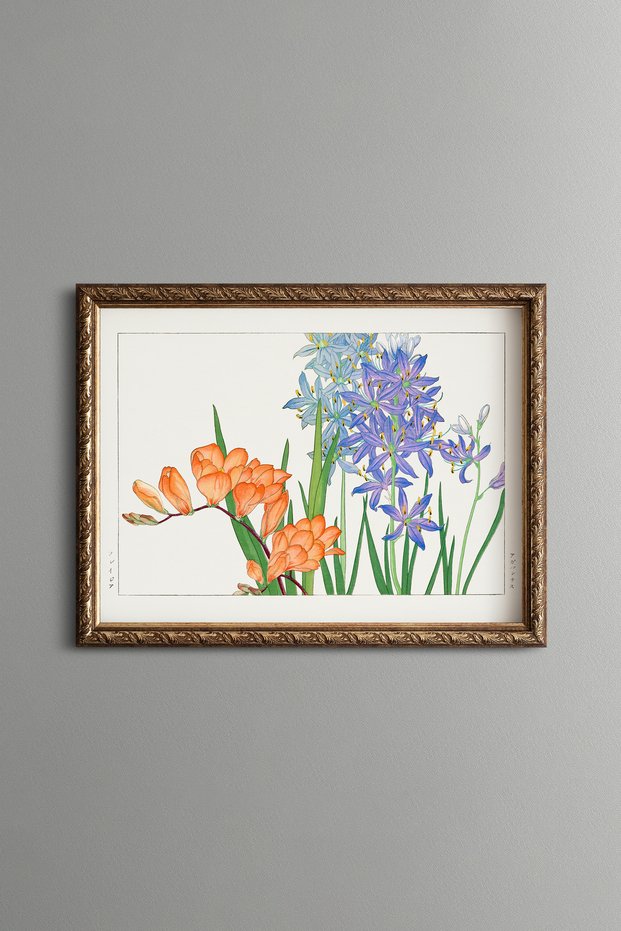Freesia Flowers - Vintage Patterned Painting - Slim Frame