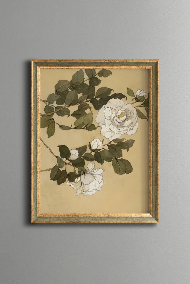 White Roses - Vintage Patterned Painting - Slim Frame