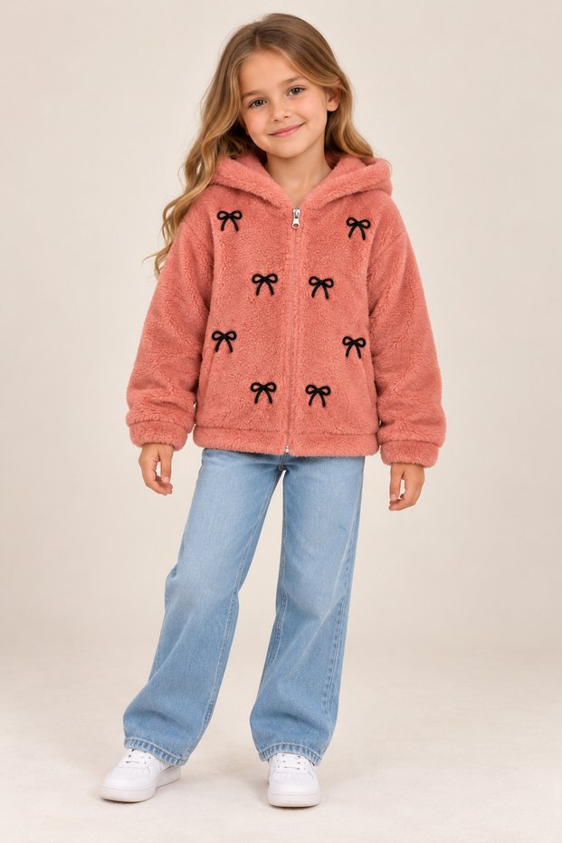 Girls' Welsoft Hooded Cardigan with Ribbon Embroidery and Front Zipper.