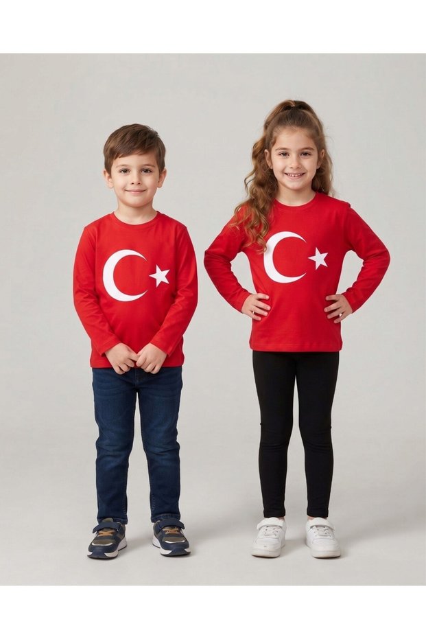 Red Crescent and Star Turkish Flag Printed Long-Sleeve Sweatshirt for Ages 5-6-7-8-9-10-11-12.