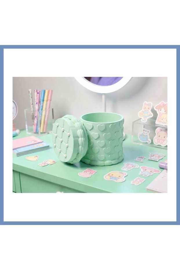 3D Printed Embossed Patterned Pen Holder with Lid - Desktop Organizer - Mint Ajs