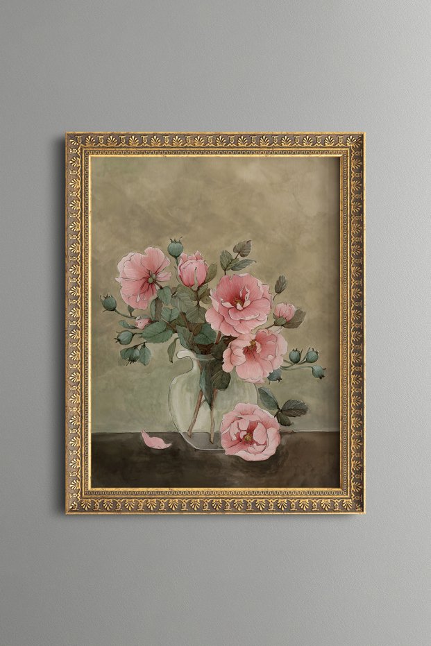 Pink Rose Branch - Vintage Patterned Painting - Slim Model