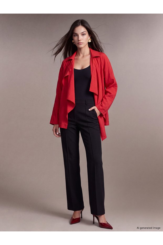 Peak New Season Red Shirt-Neck Ruffled Blouse