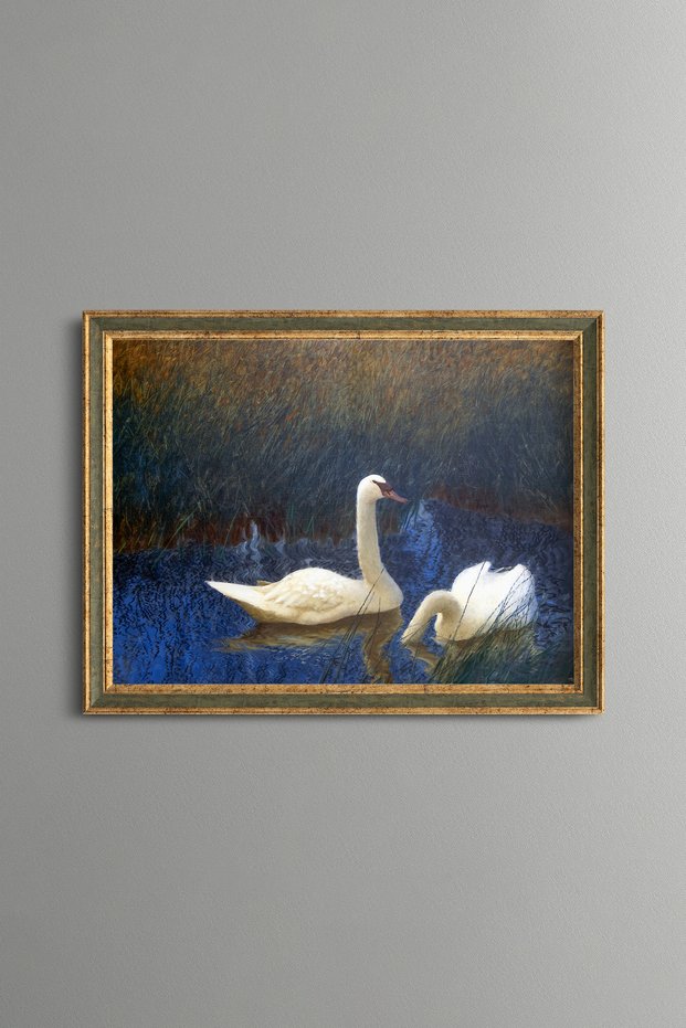 Swans in a Reed Bed - Vintage Patterned Painting - Slim Frame