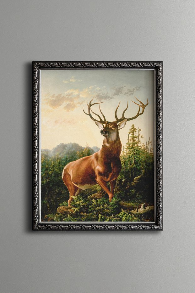 Deer in a Forest Landscape - Vintage Patterned Painting - Fine Art Print