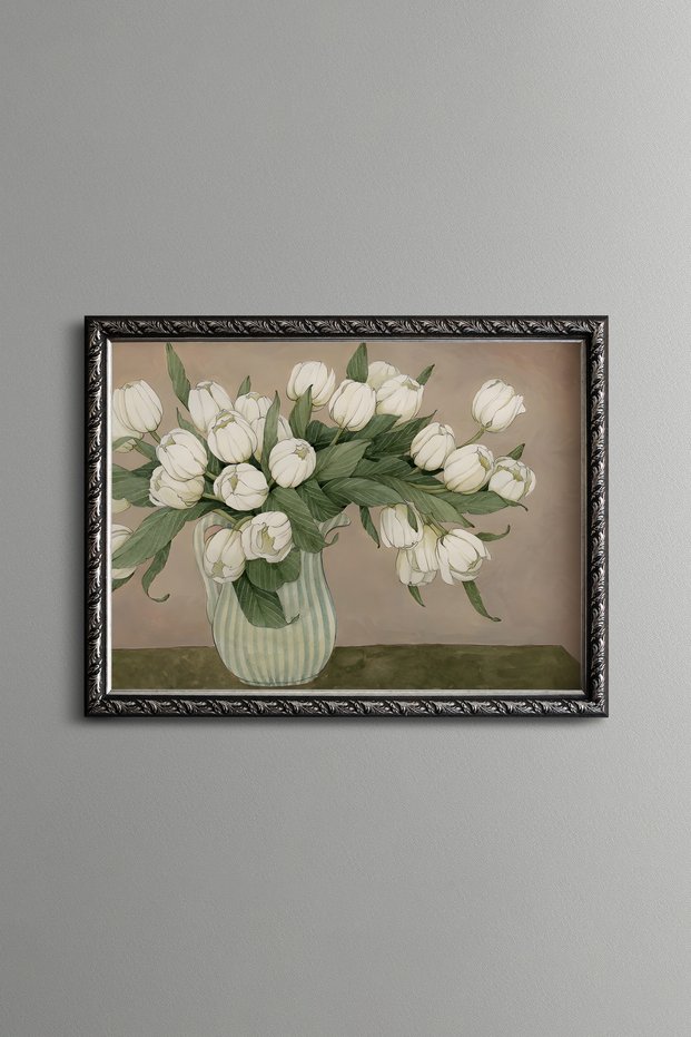 White Tulips in a Vase - Vintage Patterned Painting - Slim Frame