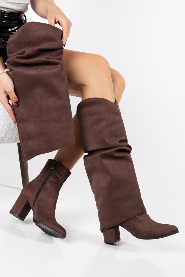 Bitter Coffee Suede Ruched Bellows Boot Pointed Toe Comfortable Heels