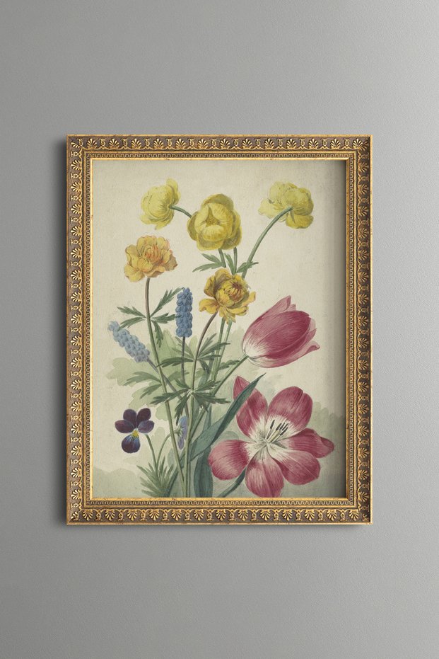 Colorful Spring Flowers - Vintage Patterned Painting - Slim Frame