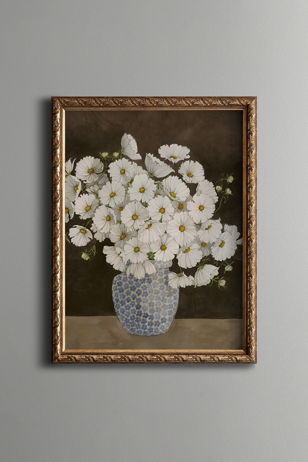 White Flowers in a Blue Vase - Vintage Patterned Painting - Slim Frame