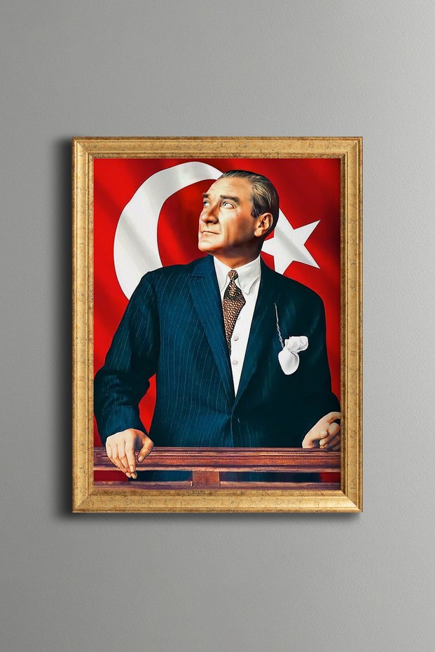 Atatürk in Front of the Turkish Flag - Vintage Patterned Painting - Slim Frame