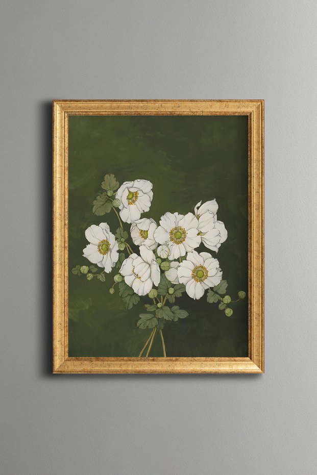 White Floral Branch - Vintage Patterned Painting - Slim Model