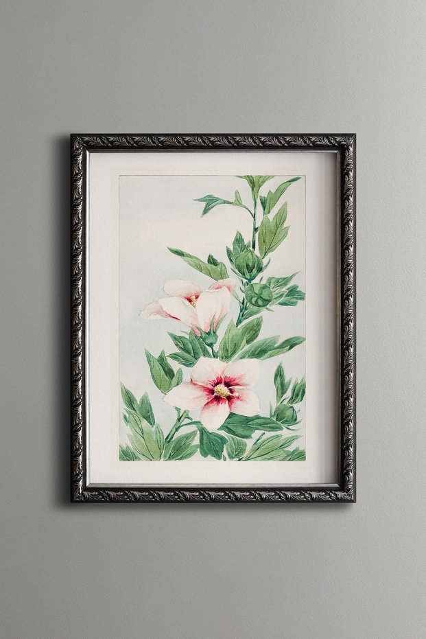 White and Pink Lilies - Vintage Patterned Painting - Slim Frame
