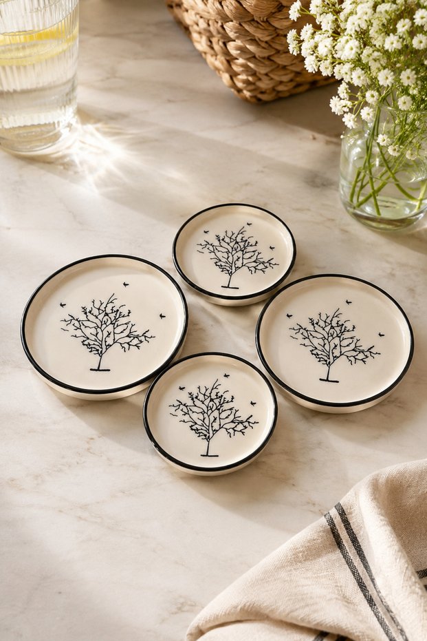 Set of 4 Ceramic Breakfast and Serving Plates with a Wood Grain Design – Black and White, 11 cm and 13 Cm.
