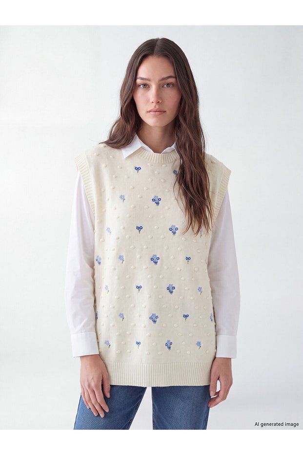 TWO MT SHOP QUALITY LCW Modest Ecru Knit Embroidered Women's Sweater