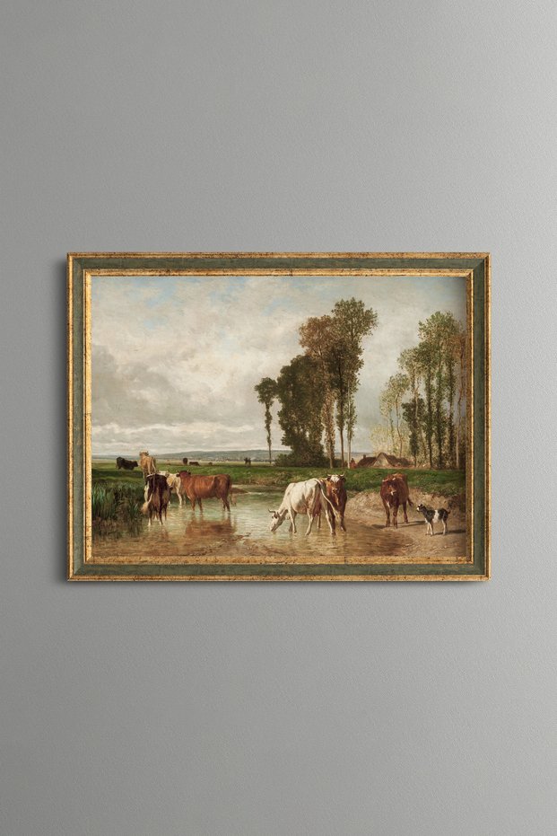 Cows on the Village Road - Vintage Patterned Painting - Slim Frame