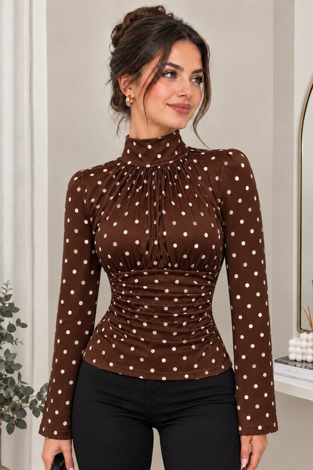 Brown Polka Dot Long-Sleeved Halter-Neck Ruched Blouse.