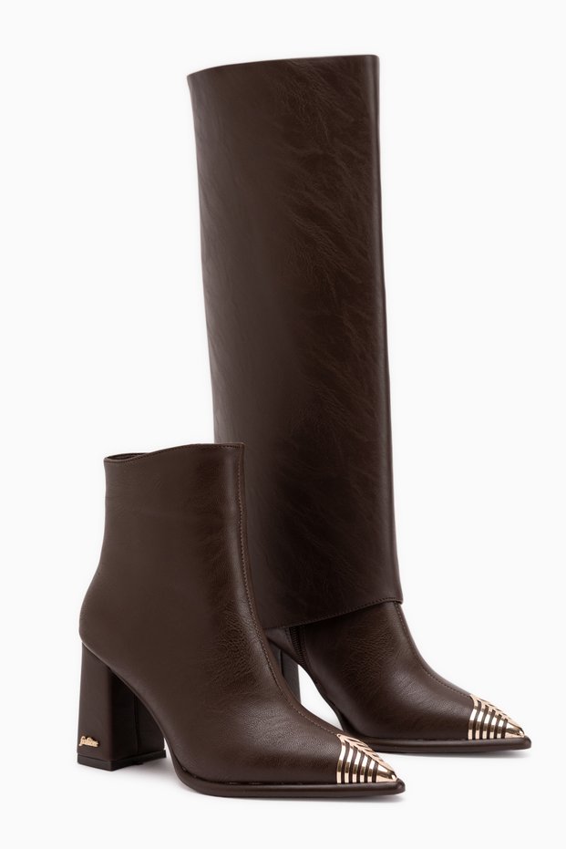 Lacy Coffee-Colored, Detachable-Strap, 2-in-1 Heeled Women's Boot & Ankle Boot.