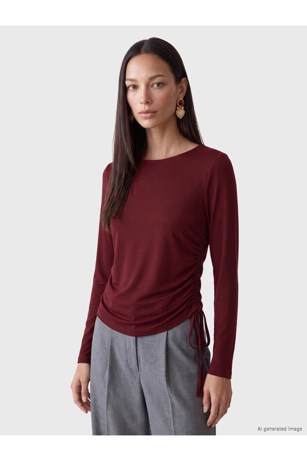 Peak New Season Burgundy Asymmetrical Cut Ruched Blouse