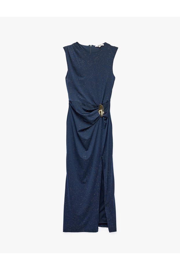 Sleeveless Crew Neck Long Draped Dress with Metallic Accessories