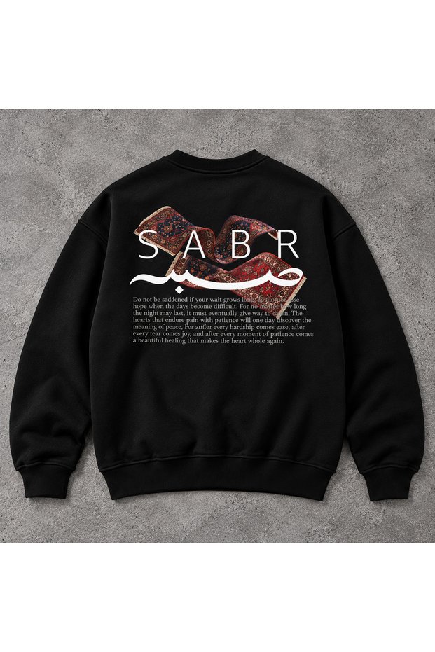 3 Thread Brushed Oversized Sweatshirt, Black, Unisex, with a Carpet Pattern, Printed with the Word "Sabır," Thick Jersey Fabric, Crew Neck, Winter Sweatshirt.